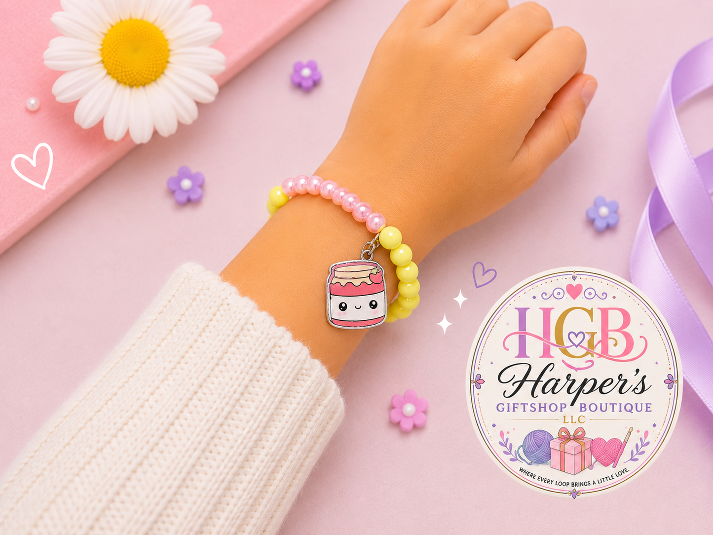 Jam Jar Charm Bracelet | Kids Beaded Bracelet | Handmade Girls Bracelet | Pink Yellow Bracelet | Birthday Gift for Girls | Kawaii Jewelry | Cute Food Charm Bracelet