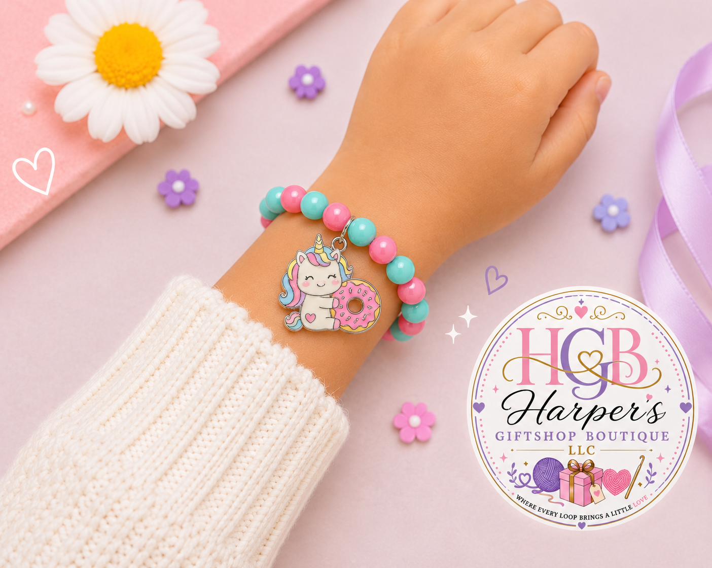 Unicorn Donut Charm Bracelet | Kids Beaded Bracelet | Handmade Girls Bracelet | Teal Pink Bracelet | Birthday Gift for Girls | Kawaii Jewelry | Donut Bracelet