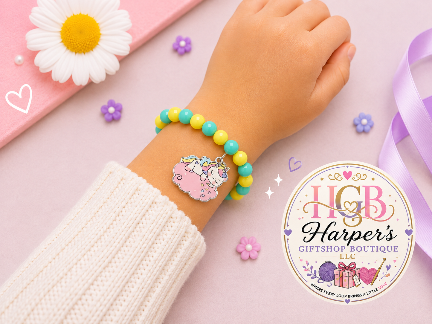 Unicorn Cloud Charm Bracelet | Kids Beaded Bracelet | Handmade Girls Bracelet | Teal Yellow Bracelet | Birthday Gift for Girls | Kawaii Jewelry | Unicorn Gift