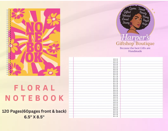 Retro Floral Spiral Notebook – 120 Page Lined Journal | Groovy Pink & Orange Aesthetic Stationery | Handmade Gift by Harper’s Giftshop Boutique