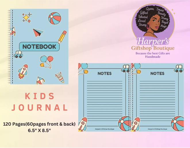 Kids Journal Notebook – Fun Rocket & Beach Theme | 120 Pages (60 Sheets) | 6.5x8.5” Writing Notebook for Kids | Cute Stationery by Harper’s Giftshop Boutique