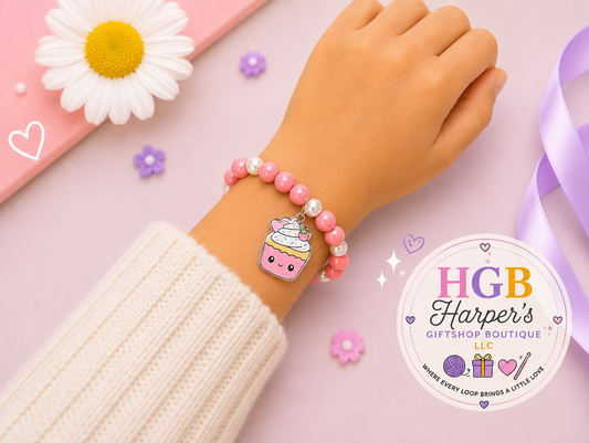 Cupcake Charm Bracelet | Kids Beaded Bracelet | Handmade Girls Bracelet | Pink Pearl Bracelet | Birthday Gift for Girls | Kawaii Jewelry | Cute Charm Bracelet