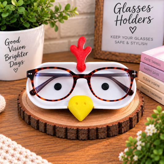 3D printed chicken rooster eyeglass holder with red comb and yellow beak on wood slice desk display, funny handmade glasses stand gift
