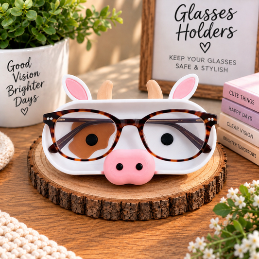 3D printed cow eyeglass holder with pink snout and horns displayed on wood slice with tortoiseshell glasses, handmade desk glasses stand
