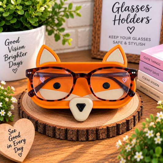 3D printed orange fox eyeglass holder with pointed ears and cream nose on rustic wood slice, handmade woodland glasses stand desk organizer gift
