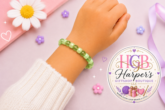 Main/Primary image:** Handmade lime green pony bead and clear crackle bead bracelet, choose your color stretchy bracelet by Harper's GiftShop Boutique Lawton, OK

Lime green pony bead crackle bracelet worn on wrist, handmade colorful stackable bracelet gift for her

Close-up of alternating lime green opaque pony beads and clear crackle beads, handmade bracelet

Lime green pony bead bracelet flat lay, fun handmade gift for her Harper's GiftShop Boutique