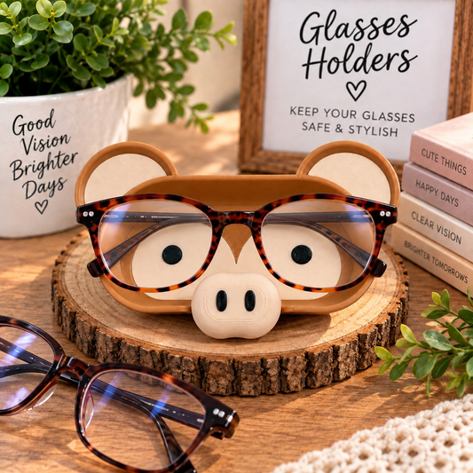 3D printed monkey eyeglass holder in tan tones with round ears and snout nose on wood slice, handmade cute animal glasses stand desk organizer
