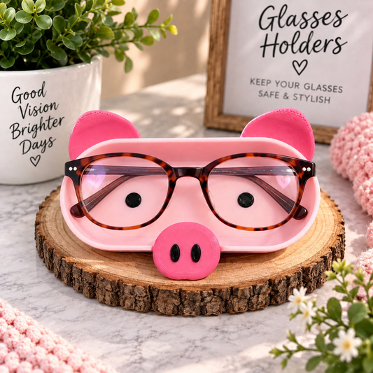 3D printed pink pig eyeglass holder with hot pink ears and snout displayed on wood slice, handmade cute glasses stand desk gift for glasses wearers
