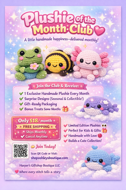 Plushie of the Month Club – monthly handmade crochet subscription box
with exclusive collectible plushies and free shipping