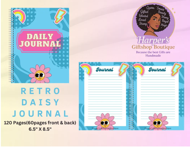 Retro Daisy Daily Journal | 120-Page Cute Aesthetic Notebook | 6.5x8.5” Writing Journal for Teens & Women | Harper’s Giftshop Boutique