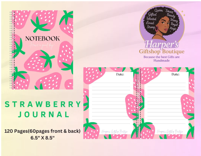 Strawberry Journal Notebook | Cute Pink Aesthetic Stationery | 120 Lined Pages – 6.5x8.5” Spiral Bound