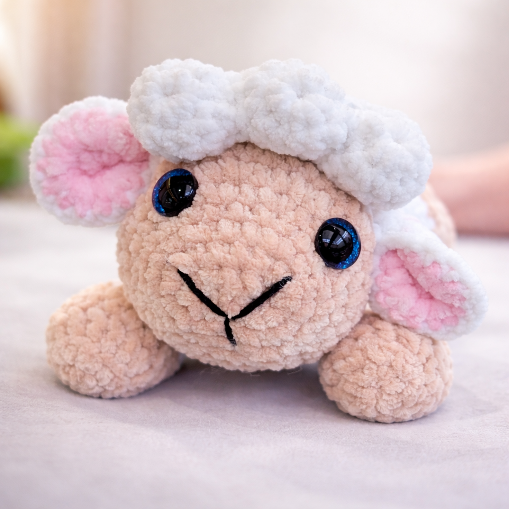 Crocheted Splooting Sheep Plushie – Handmade Lamb Plush Toy, Soft Farm Animal Amigurumi, Nursery Decor & Baby Shower Gift