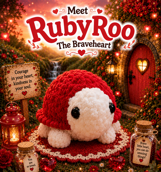 RubyRoo The Braveheart — Handmade Crochet Turtle Plushie with Adoption Card | Red Stuffed Animal | Courage Gift for Kids | Plushie Collector Birthday Gift