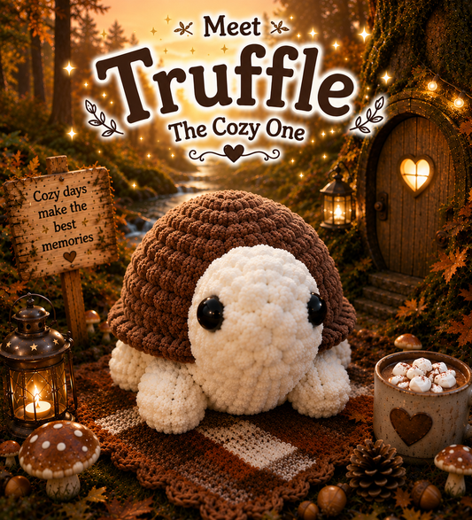 Truffle The Cozy One — Handmade Crochet Turtle Plushie with Adoption Card | Brown Stuffed Animal | Comfort Gift | Unique Plushie Collector Gift