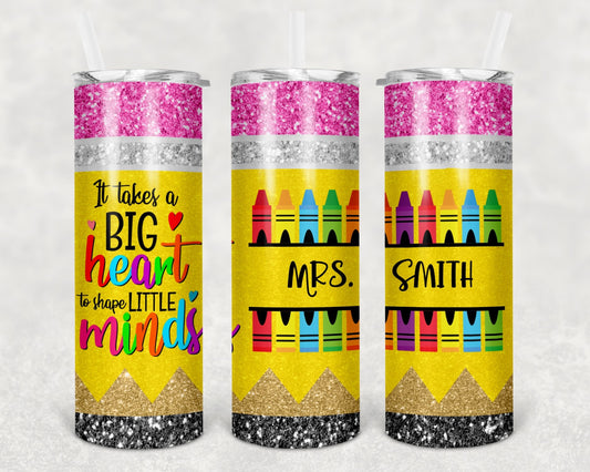 `Personalized 20oz slim teacher tumbler with crayon design, pink and gold glitter accents, and custom name — handmade teacher appreciation gift by Harper's GiftShop Boutique`

**Front-facing angle (quote side):**
> `20oz teacher tumbler with "It Takes a Big Heart to Shape Little Minds" quote, colorful crayon wrap, and pink glitter lid — personalized teacher gift`

**Middle angle (name panel):**
> `Custom teacher tumbler showing "Mrs." personalization panel surrounded by colorful crayons on yellow glitter ba