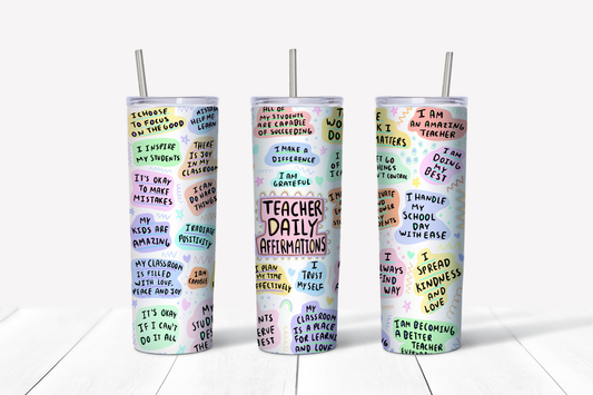 20oz slim teacher daily affirmations tumbler with pastel heart design and positive affirmations — thoughtful teacher appreciation gift by Harper's GiftShop Boutique`



**Left angle:**

> `Teacher tumbler with affirmations including "I choose to focus on the good," "I inspire my students," and "My classroom is filled with love, peace and joy" — pastel heart wrap design`



**Middle angle (title side):**

> `20oz teacher tumbler featuring "Teacher Daily Affirmations" with pastel hearts and positive quotes in