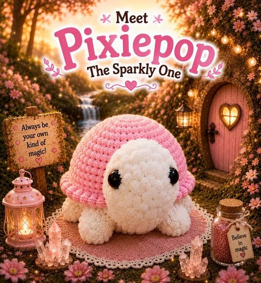 Pixiepop The Sparkly One — Handmade Crochet Turtle Plushie with Adoption Card | Pink Stuffed Animal | Birthday Gift for Girls | Sparkle Plushie Collector