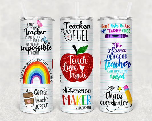 20oz slim teacher tumbler with funny teacher quotes, notebook paper design, rainbow, glitter apple, and school icons — handmade teacher appreciation gift by Harper's GiftShop Boutique`

**Left angle (inspirational quote side):**
> `Teacher tumbler with "A Truly Great Teacher is Impossible to Forget" quote, rainbow graphic, and "Coffee Teach Repeat" design — unique teacher gift from Harper's GiftShop Boutique`

**Middle angle (apple side):**
> `20oz slim teacher tumbler featuring "Teacher Fuel," "Teach Love 