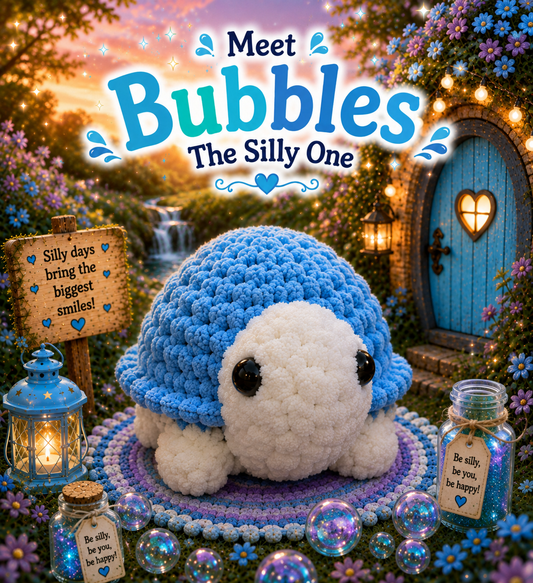 Bubbles The Silly One — Handmade Crochet Turtle Plushie with Adoption Card | Blue Stuffed Animal | Funny Gift for Kids | Plushie Collector Birthday Gift